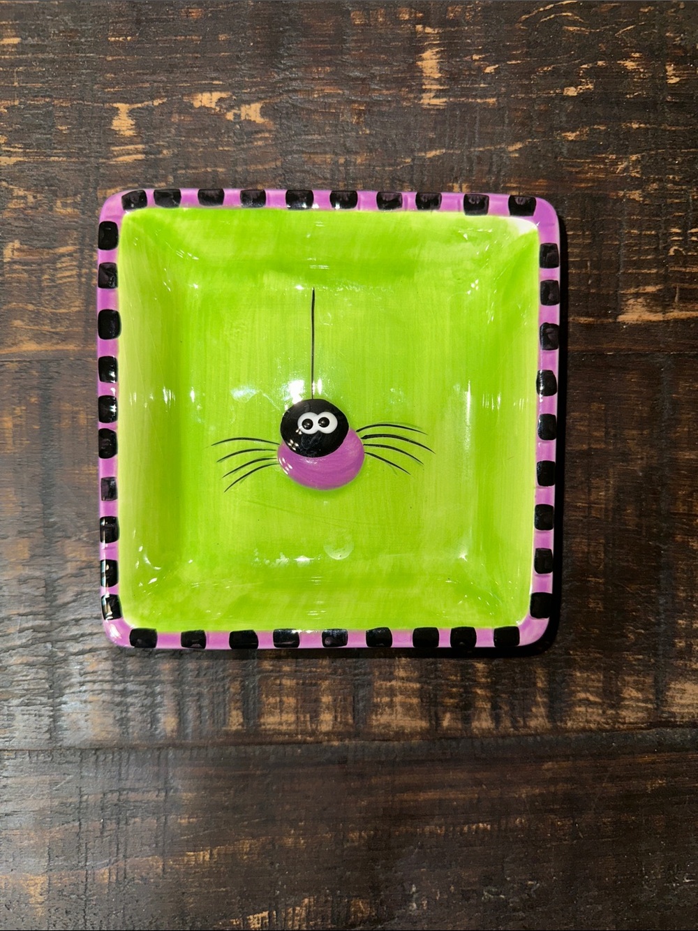 Green Halloween Spider Trinket Dish with Purple/ Black Rim